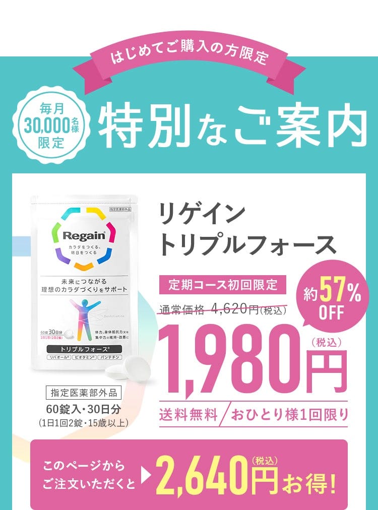 はじめてご購入の方限定!毎月30,000名様限定 特別なご案内リゲイン トリプルフォース定期コース初回限定 約57%OFFで1,980円（税込）