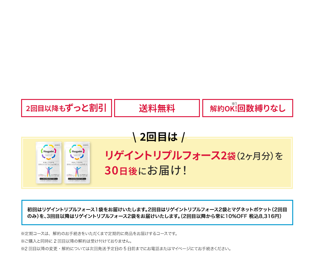 2回目以降もずっと割引 送料無料 解約OK!回数縛りなし 2回目はリゲイントリプルフォース2袋（2ヶ月分）を30日後にお届け! 初回は「リゲイントリプルフォース1袋」をご注文から1週間程度でお届け致します。定期コースとなりますので、2回目はリゲイントリプルフォース2袋とマグネットポケット（2回目のみ）を初回発送から約30日後にお届け致します。3回目以降はリゲイントリプルフォース2袋を60日毎にお届けさせていただきます。（2回目以降から常に10%OFF8,316円(税込)）。※定期コースは、解約のお手続きをいただくまで定期的に商品をお届けするコースです。※ご購入と同時に2回目以降の解約は受け付けておりません。※2回目以降の変更・解約については次回発送予定日の5日前までにお電話またはマイページにてお手続きください。