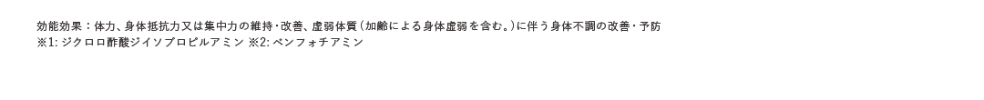 効能効果：体力、身体抵抗力又は集中力の維持・改善、虚弱体質(加齢による身体虚弱を含む。)に伴う身体不調の改善・予防 ※1: ジクロロ酢酸ジイソプロピルアミン ※2: ベンフォチアミン