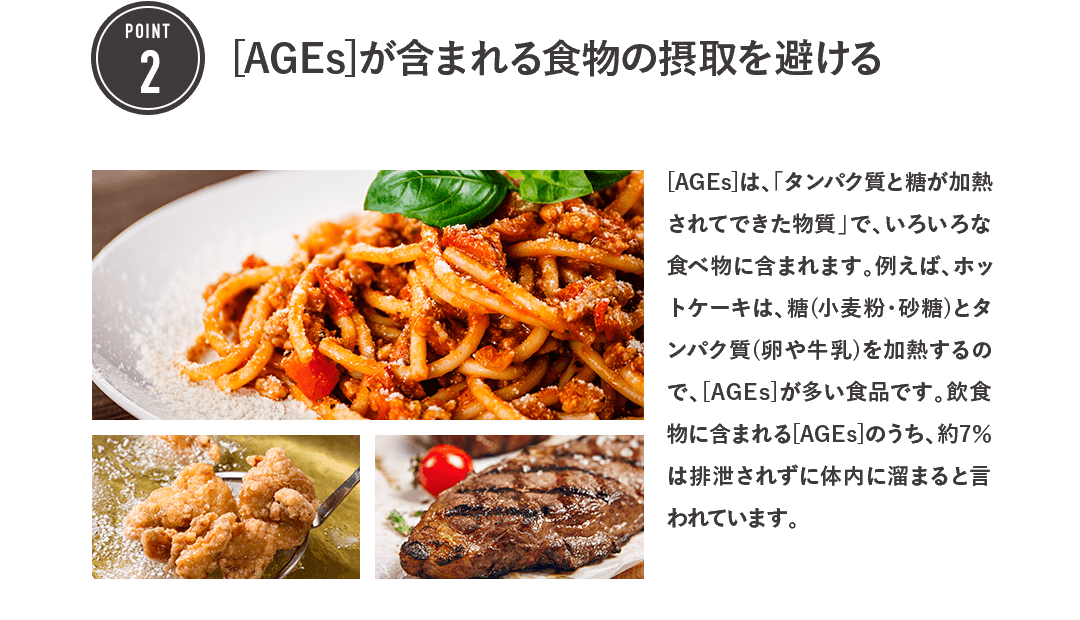 POINT2 [AGEs]が含まれる 食物の摂取を避ける [AGEs]は、「タンパク質と糖が加熱されてできた物質」で、いろいろな食べ物に含まれます。例えば、ホットケーキは、糖(小麦粉・砂糖)とタンパク質(卵や牛乳)を加熱するので、[AGEs]が多い食品です。飲食物に含まれる[AGEs]のうち、約7％は排泄されずに体内に溜まると言われています。
