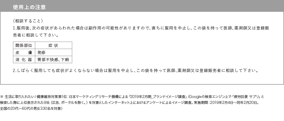 使用上の注意〈してはいけないこと〉1.次の人は服用しないで下さい。フェニルケトン尿症の人(本剤はL-フェニルアラニン化合物を含んでいます)〈相談すること〉1.次の人は服用前に医師、薬剤師又は登録販売者に相談して下さい。(1)医師の治療を受けている人(2)本人又は家族がアレルギー体質の人(3)薬によりアレルギー症状を起こしたことがある人2.次の場合は、直ちに服用を中止し、この袋を持って医師、薬剤師又は登録販売者に相談して下さい。(1)服用後、次の症状があらわれた場合(皮膚の発疹・発赤、かゆみ)(2)2週間位服用しても症状がよくならない場合※ 生活に取り入れたい!健康維持対策第1位:日本マーケティングリサーチ機構による「2019年2月期_ブランドイメージ調査」(Googleの検索エンジン上で「疲労回復 サプリ」と検索した際に上位表示された9社(広告、ポータルを除く。)を対象としたインターネット上におけるアンケートによるイメージ調査。実施期間:2019年2月4日~同年2月20日。全国の20代~60代の男女330名を対象)