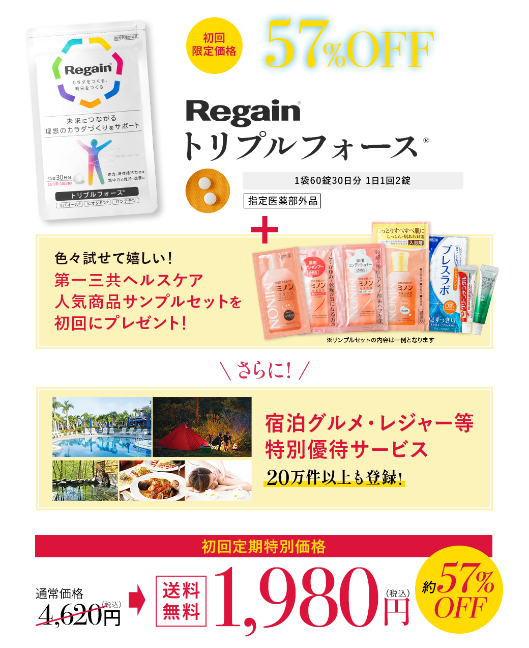 初回限定価格 約57%OFF Regain® トリプルフォース® 1袋60錠30日分 1日1回2錠 指定医薬部外品 色々試せて嬉しい!第一三共ヘルスケア人気商品サンプルセットを初回にプレゼント!さらに宿泊グルメ・レジャー等 特別優待サービス 20万件以上も登録! 通常価格4,620円(税込)全国どこでも送料無料 初回定期特別価格 1,980円(税込)約57%OFF 初回定期特別価格 送料無料 1,980円(税込) 約57%OFF