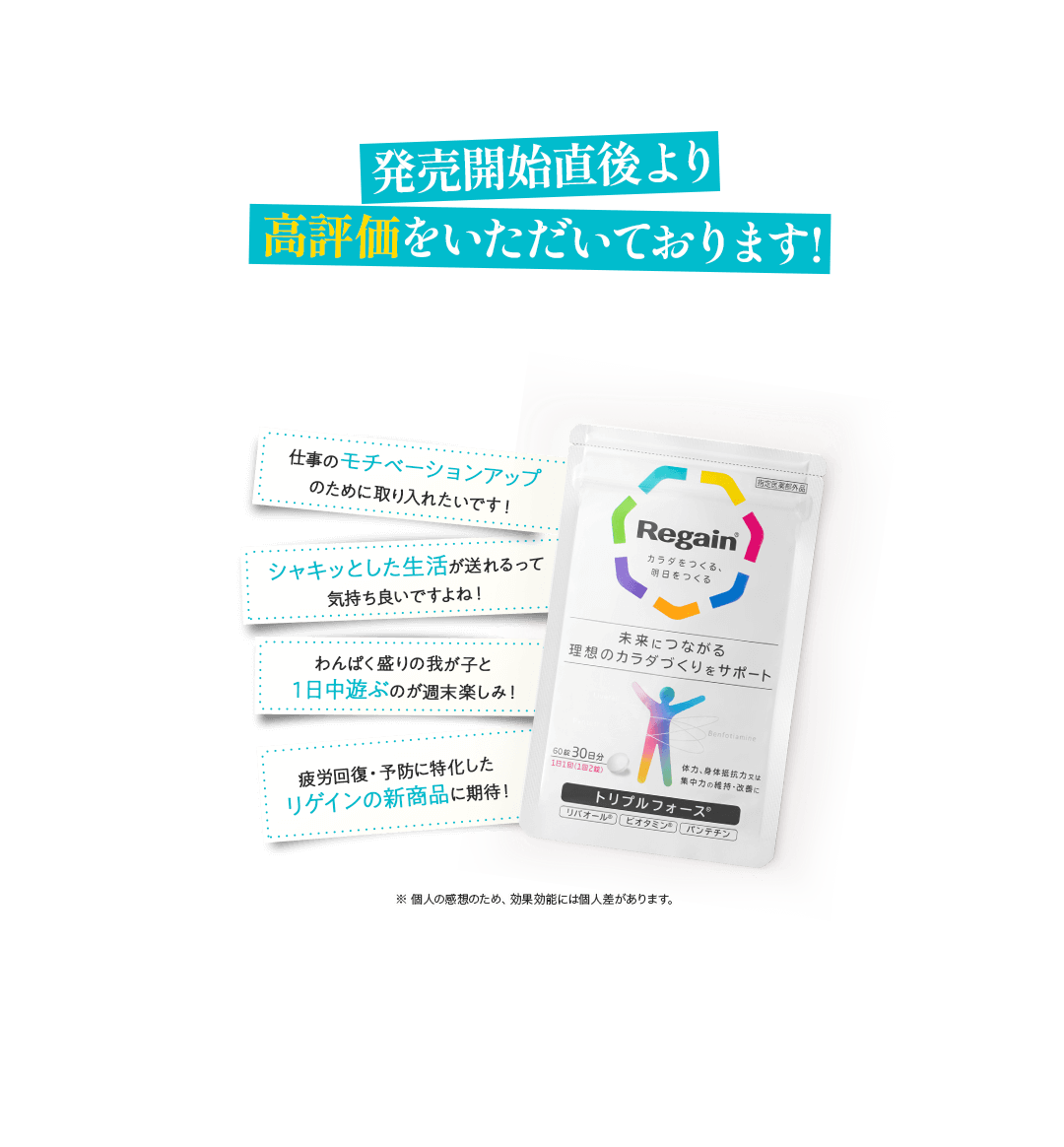 発売開始直後より高評価をいただいております！ 仕事のモチベーションアップのために取り入れたいです！ シャキッとした生活が送れるって気持ち良いですよね！ わんぱく盛りの我が子と１日中遊ぶのが週末楽しみ！ 疲労回復・予防に特化したリゲインの新商品に期待！ ※ 個人の感想のため、効果効能には個人差があります。