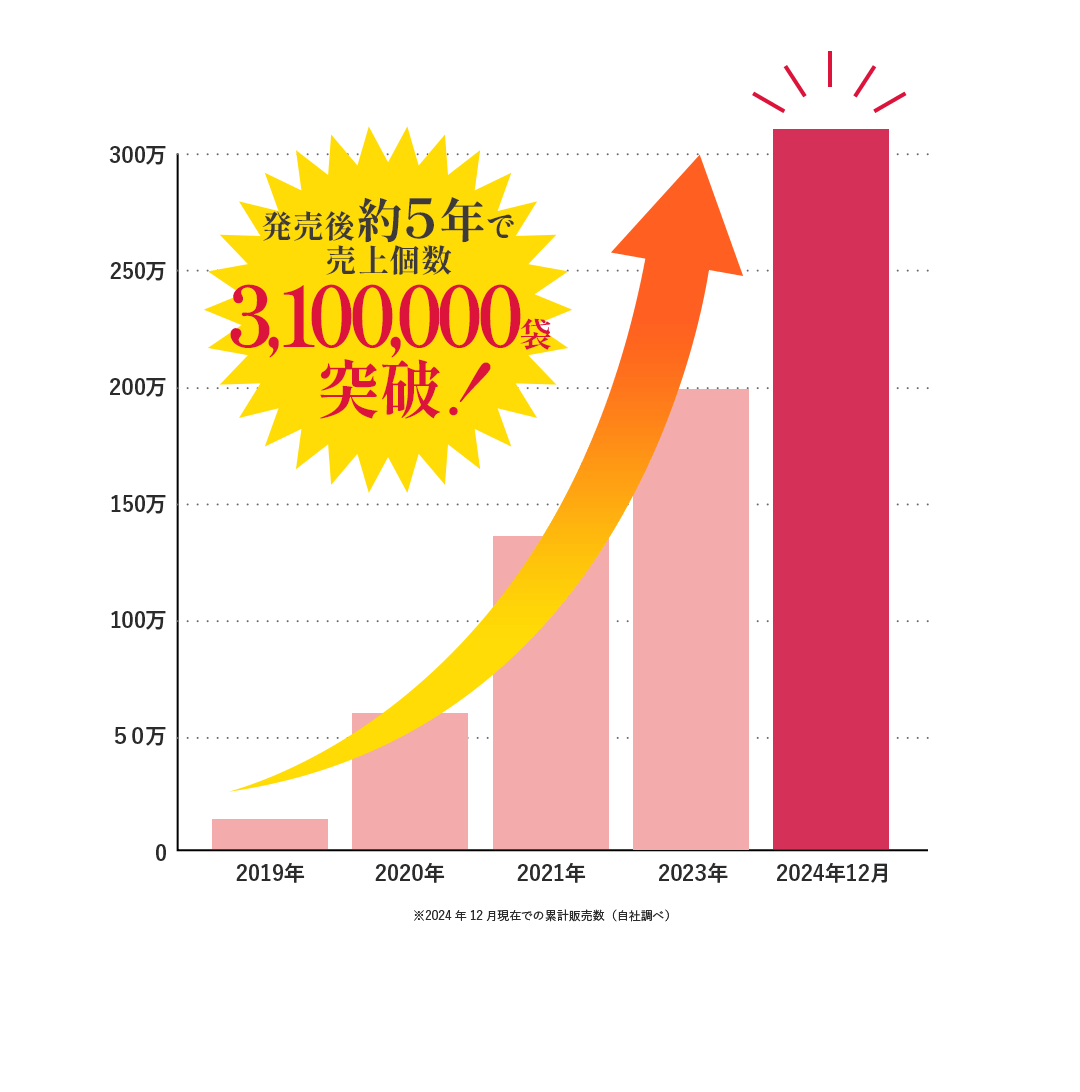 発売後約5年で売上個数3,100,000袋突破！2024年12月現在での累計販売数（自社調べ）