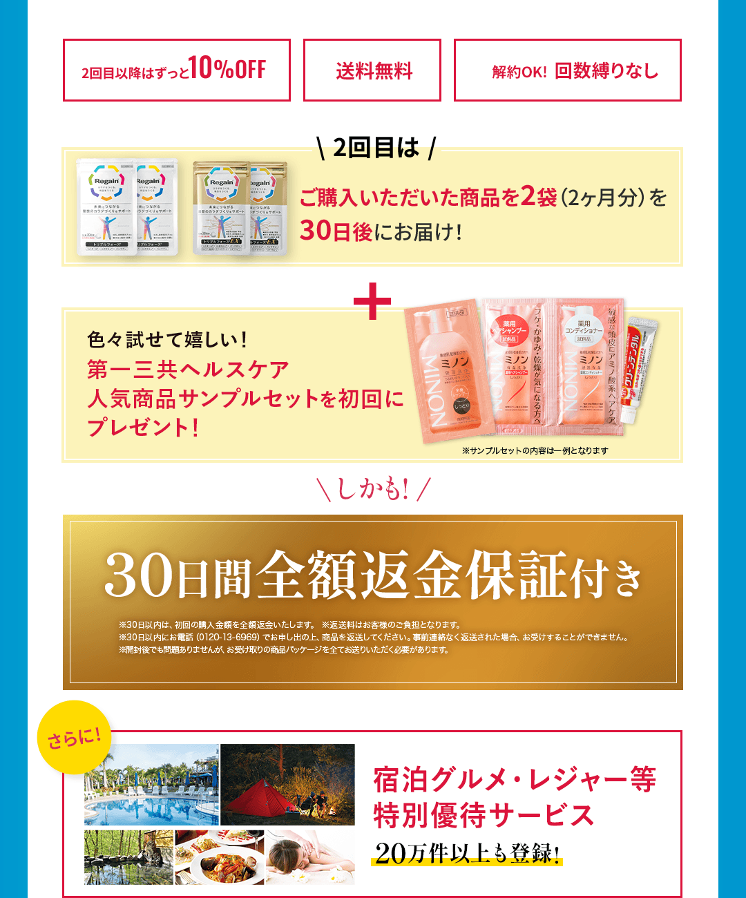 2回目以降はずっと10%OFF 送料無料 解約OK! 回数縛りなし 2回目は ご購入いただいた商品を2袋（2ヶ月分）を30日後にお届け！色々試せて嬉しい！第一三共ヘルスケア人気商品サンプルセットを初回にプレゼント！ しかも30日間全額返金保証付き ※30日以内は、初回の購入金額を全額返金いたします。 ※返送料はお客様のご負担となります。 ※30日以内にお電話（0120-13-6969）でお申し出の上、商品を返送してください。事前連絡なく返送された場合、お受けすることができません。※開封後でも問題ありませんが、お受け取りの商品パッケージを全てお送りいただく必要があります。さらに宿泊グルメ・レジャー等特別優待サービス 20万件以上も登録!