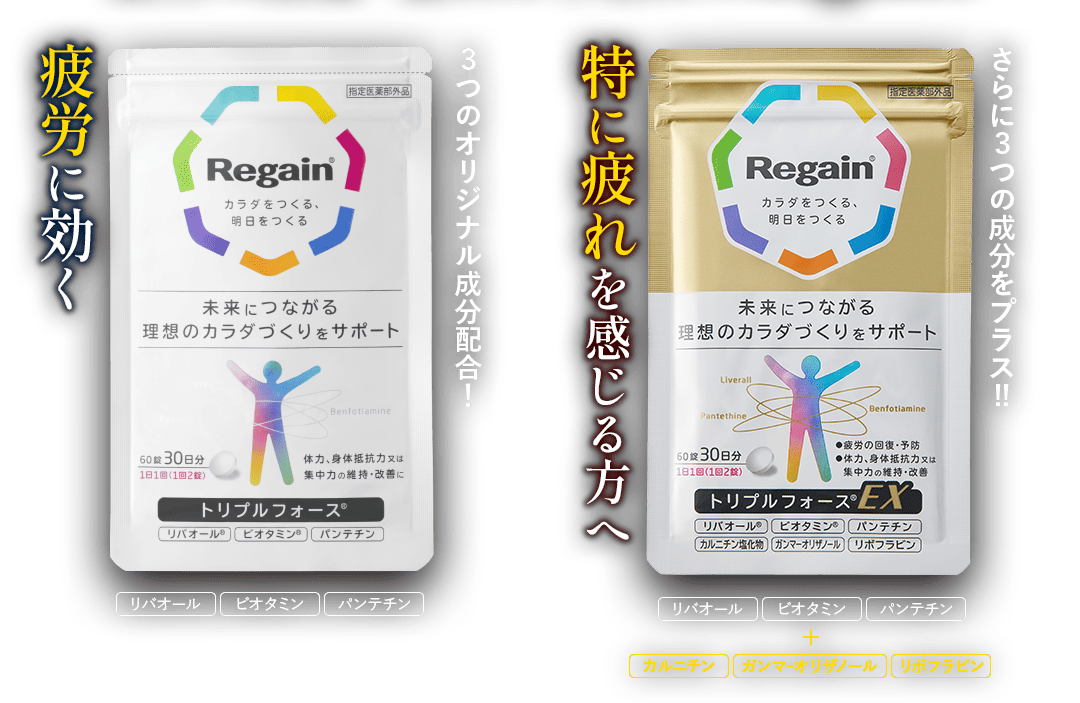 トリプルフォース:疲労に効く ３つのオリジナル成分配合！ トリプルフォースEX:特に疲れを感じる方へ さらに３つの成分をプラス!!