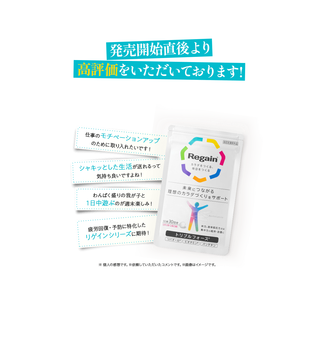 発売開始直後より高評価をいただいております！ 仕事のモチベーションアップのために取り入れたいです！ シャキッとした生活が送れるって気持ち良いですよね！ わんぱく盛りの我が子と１日中遊ぶのが週末楽しみ！ 疲労回復・予防に特化したリゲインシリーズに期待！ ※ 個人の感想です。※依頼していただいたコメントです。※画像はイメージです。