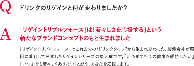 Q ドリンクのリゲインと何が変わりましたか？A 「リゲイントリプルフォース」は「若々しさを応援する」という新たなブランドコンセプトのもと生まれました 「リゲイントリプルフォース」はこれまでの“ドリンクタイプ”から生まれ変わった、製薬会社が科学的エビデンスと共に提供するリゲインシリーズの集大成です。「いつまでも今の健康を維持したい」「いつまでも若々しくありたい」と願う、あなたを応援します。