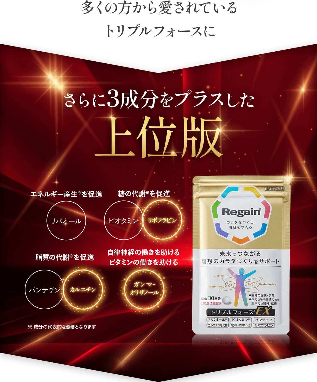多くの方から愛されているトリプルフォースシリーズに さらに3成分をプラスした上位版　エネルギー産生※を促進　リバオール　糖の代謝※を促進　ビオタミン　リボフラビン　脂質の代謝※　を促進　パンテチン　カルチニン　自律神経の働きを助ける　ビタミンの働きを助ける　ガンマーオリザノール　※成分の代表的な働きとなります