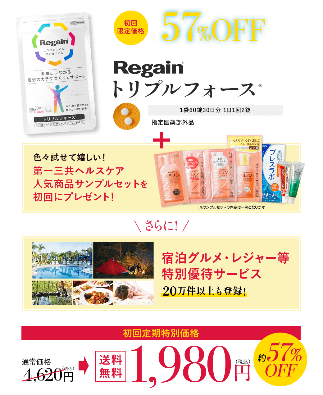 初回限定価格 約57%OFF Regain® トリプルフォース® 1袋60錠30日分 1日1回2錠 指定医薬部外品 色々試せて嬉しい！第一三共ヘルスケア人気商品サンプルセットを初回にプレゼント！さらに宿泊グルメ・レジャー等 特別優待サービス 20万件以上も登録！ 通常価格4,620円（税込）全国どこでも送料無料 初回定期特別価格 1,980円（税込）約57%OFF 初回定期特別価格 送料無料 1,980円(税込) 約57%OFF