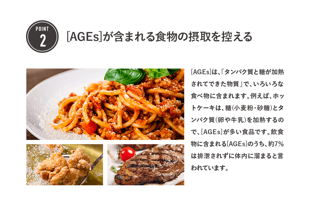 POINT2 [AGEs]が含まれる 食物の摂取を控える [AGEs]は、「タンパク質と糖が加熱されてできた物質」で、いろいろな食べ物に含まれます。例えば、ホットケーキは、糖(小麦粉・砂糖)とタンパク質(卵や牛乳)を加熱するので、[AGEs]が多い食品です。飲食物に含まれる[AGEs]のうち、約7％は排泄されずに体内に溜まると言われています。