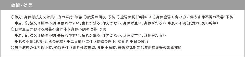 効能・効果 ○体力、身体抵抗力又は集中力の維持・改善 ○疲労の回復・予防 ○虚弱体質（加齢による身体虚弱を含む。）に伴う身体不調の改善・予防 ◆肩、首、腰又は膝の不調 ◆疲れやすい、疲れが残る、体力がない、身体が重い、身体がだるい ◆肌の不調（肌荒れ、肌の乾燥） ○日常生活における栄養不良に伴う身体不調の改善・予防 ◆肩、首、腰又は膝の不調 ◆疲れやすい、疲れが残る、体力がない、身体が重い、身体がだるい ◆肌の不調（肌荒れ、肌の乾燥） ◆二日酔いに伴う食欲の低下、だるさ ◆目の疲れ ○病中病後の体力低下時、発熱を伴う消耗性疾患時、食欲不振時、妊娠授乳期又は産前産後等の栄養補給