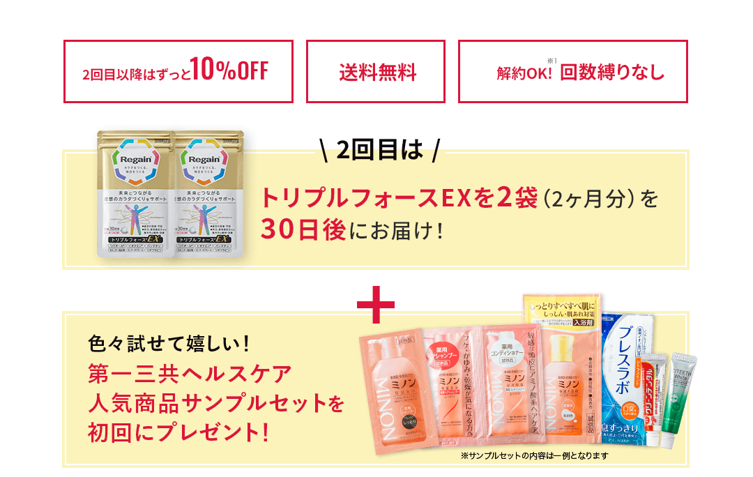 2回目以降はずっと10%OFF 送料無料 解約OK! 回数縛りなし 2回目は トリプルフォースEXを2袋（2ヶ月分）を30日後にお届け！色々試せて嬉しい！第一三共ヘルスケア人気商品サンプルセットを初回にプレゼント！