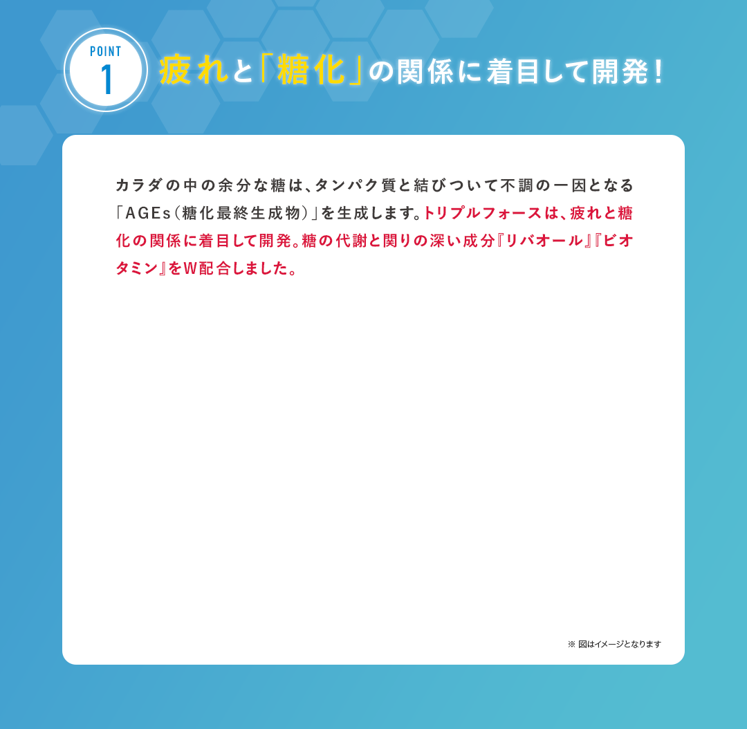 POINT1 疲れと「糖化」の関係に着目して開発！ カラダの中の余分な糖は、タンパク質と結びついて不調の一因となる「AGEs（糖化最終生成物）」を生成します。トリプルフォースは、疲れと糖化の関係に着目して開発。糖の代謝と関りの深い成分『リバオール』『ビオタミン』をW配合しました。