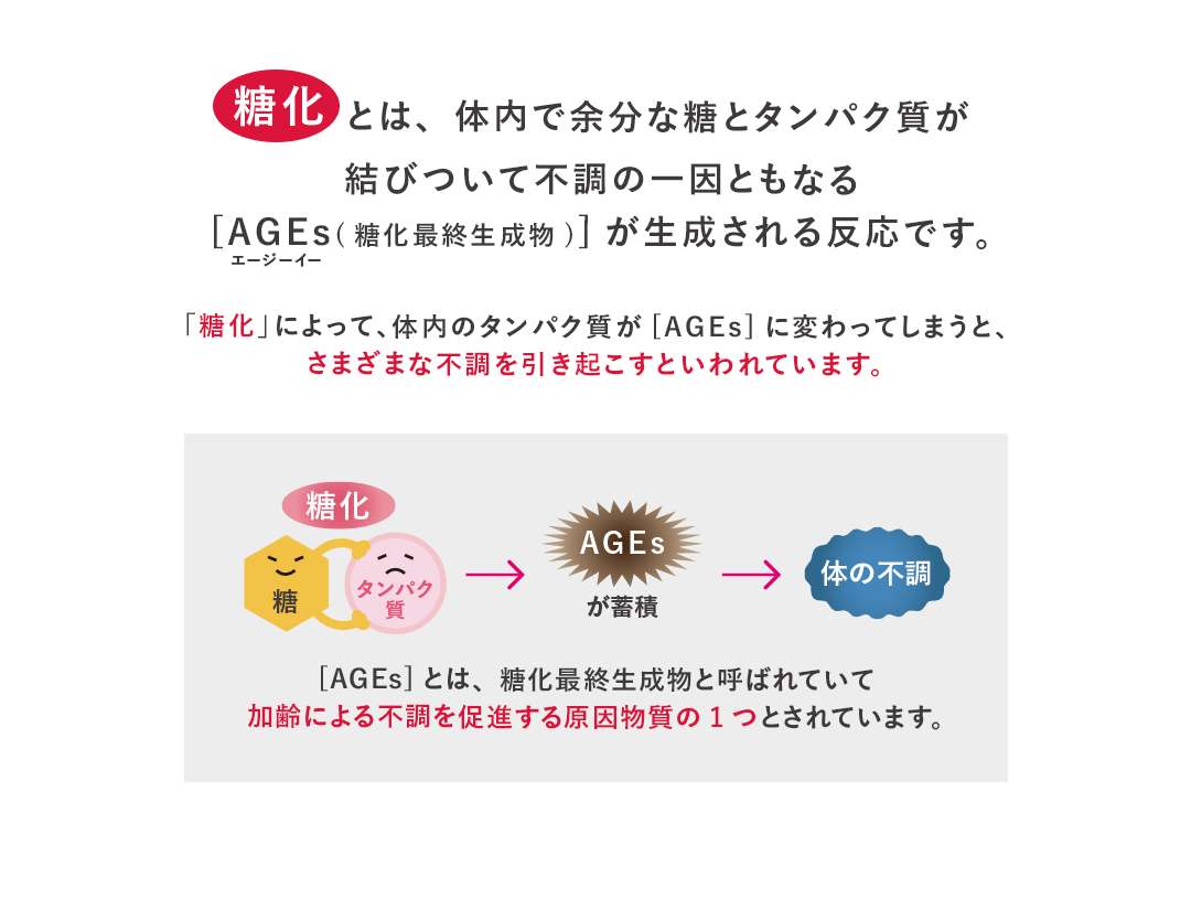 「糖化」とは、体内で余分な糖とタンパク質が結びついて不調の一因ともなる[AGEs(糖化最終生成物)]が生成される反応です。「糖化」によって、体内のタンパク質が[AGEs]に変わってしまうと、さまざまな不調を引き起こすといわれています。[AGEs]とは、糖化最終生成物と呼ばれていて加齢による不調を促進する原因物質の1つとされています。