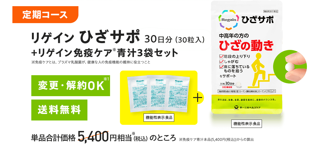 定期コース リゲイン ひざサポ +リゲイン免※疫ケア青汁3袋セット ※免疫ケアとは、プラズマ乳酸菌が、健康な人の免疫機能の維持に役立つこと 変更・解約OK※1 送料無料 単品合計価格5,400円相当※(税込)のところ ※免疫ケア青汁本品(5,400円(税込))からの算出 機能性表示食品