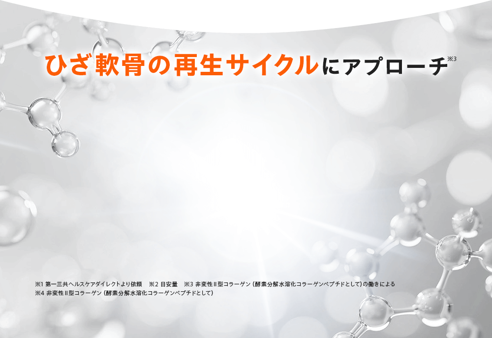 ひざ軟骨の再生サイクルにアプローチ※3 ※1 第一三共ヘルスケアダイレクトより依頼 ※2 目安量 ※3 非変性Ⅱ型コラーゲン(酵素分解水溶化コラーゲンペプチドとして)