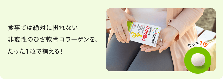 食事では絶対に摂れない非変性のひざ軟骨コラーゲンを、たった1粒で補える!