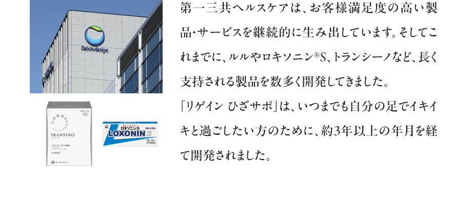 第一三共ヘルスケアは、お客様満足度の高い製品・サービスを継続的に生み出しています。そしてこれまでに、ルルやロキソニン®S、トランシーノなど、長く支持される製品を数多く開発してきました。「リゲイン ひざサポ」は、いつまでも自分の足でイキイキと過ごしたい方のために、約3年以上の年月を経て開発されました。