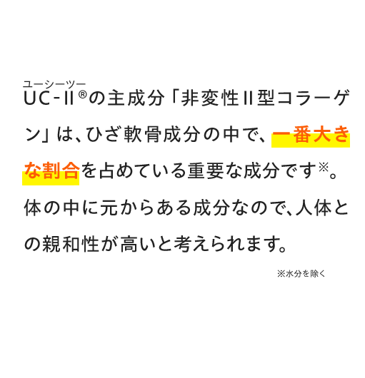 UC-Ⅱ®（ユーシーツー）の主成分「非変性Ⅱ型コラーゲン」は、ひざ軟骨成分の中で、一番大きな割合を占めている重要な成分です※。体の中に元からある成分なので、人体との親和性が高いと考えられます。 ※水分を除く