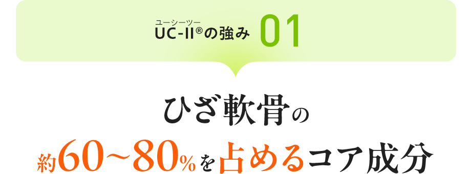 UC-Ⅱ®（ユーシーツー）の強み01：ひざ軟骨の約60〜80%を占めるコア成分