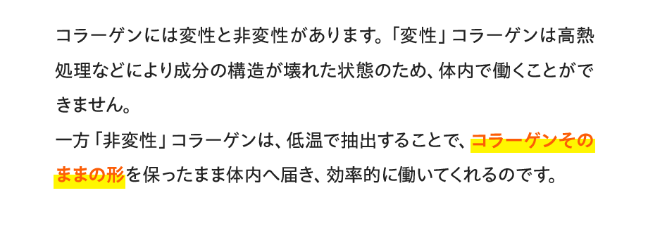 コラーゲンには変性と非変性があります。「変性」コラーゲンは高熱処理などにより成分の構造が壊れた状態のため、体内で働くことができません。一方「非変性」コラーゲンは、低温で抽出することで、コラーゲンそのままの形を保ったまま体内へ届き、効率的に働いてくれるのです。