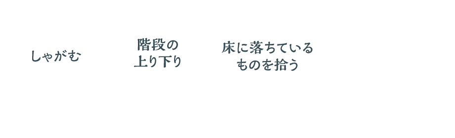 ️しゃがむ 階段の上り下り 床に落ちているものを拾う