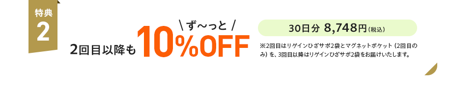 特典2：2回目以降もず〜っと10%OFF 30日分 8,748円（税込）※2回目はリゲインひざサポ2袋とマグネットポケット（2回目のみ）を、3回目以降はリゲインひざサポ2袋をお届けいたします。