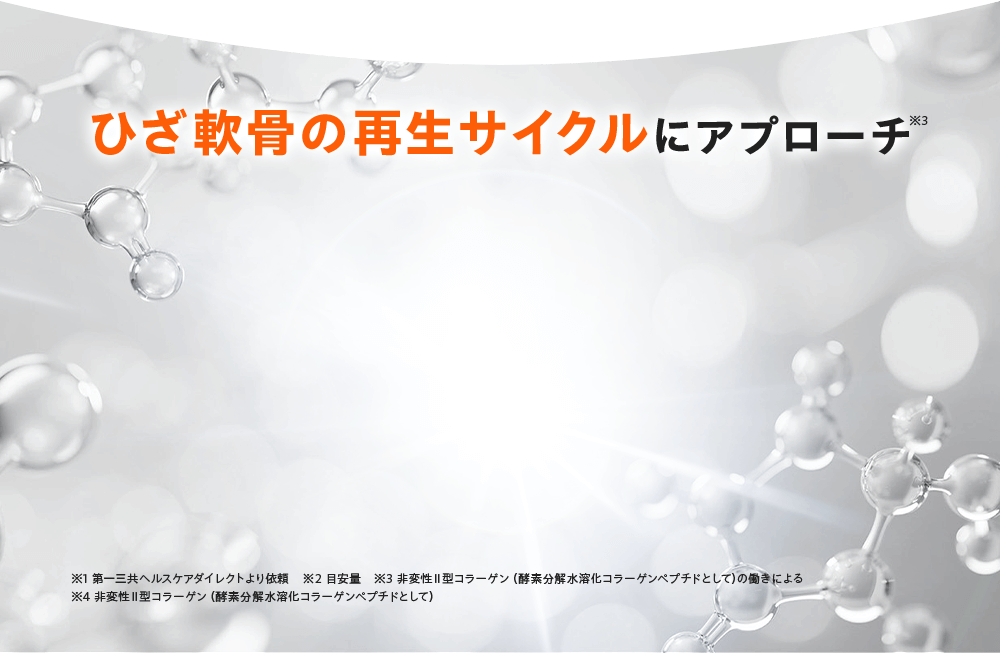 ひざ軟骨の再生サイクルにアプローチ※3 ※1 第一三共ヘルスケアダイレクトより依頼 ※2 目安量 ※3 非変性Ⅱ型コラーゲン(酵素分解水溶化コラーゲンペプチドとして)