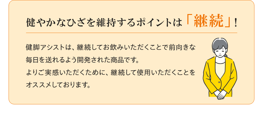 健やかなひざを維持するポイントは「継続」！ 健脚アシストは、継続してお飲みいただくことで前向きな毎日を送れるよう開発された商品です。よりご実感いただくために、継続して使用いただくことをオススメしております。