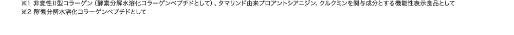 ※1 非変性Ⅱ型コラーゲン（酵素分解水溶化コラーゲンペプチドとして）、タマリンド由来プロアントシアニジン、クルクミンを関与成分とする機能性表示食品として ※2 酵素分解水溶化コラーゲンペプチドとして