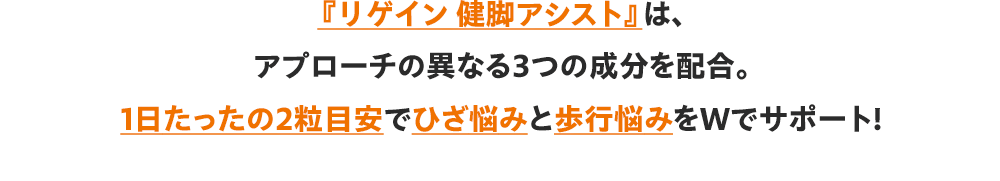 『リゲイン 健脚アシスト』は、アプローチの異なる3つの成分を配合。1日たったの2粒目安でひざ悩みと歩行悩みをWでサポート!