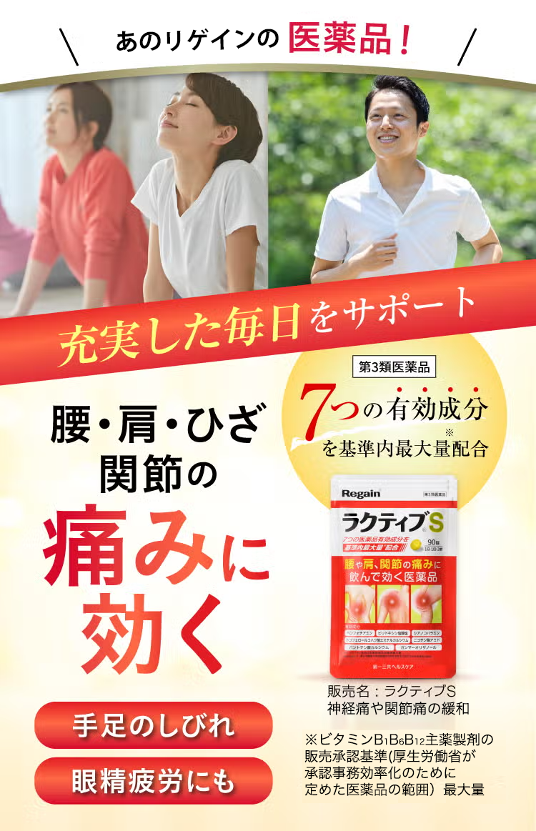 リゲインから医薬品登場！充実した毎日をサポート 腰・肩・ひざ関節の痛みに効く 手足のしびれ　眼精疲労にも 第3類医薬品 7つの有効成分を基準*内最大量配合。販売名：ラクティブS