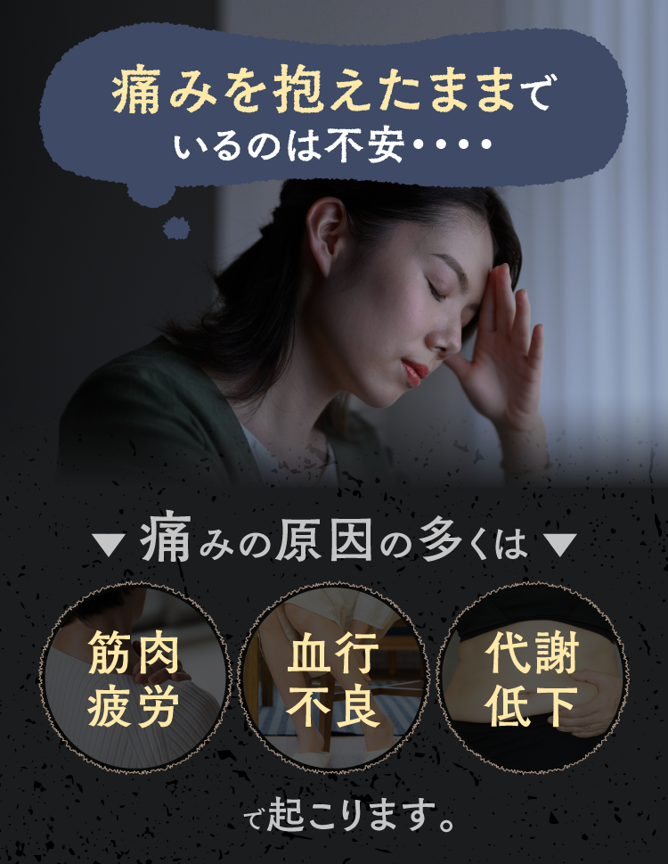 痛みを抱えたままでいるのは不安・・・・痛みの原因の多くは 筋肉疲労 血行不良 代謝低下で起こります。