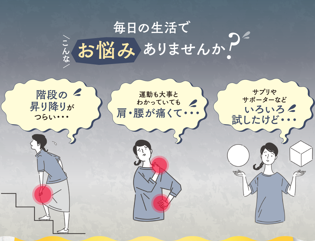 毎日の生活でこんなお悩みありませんか？階段の昇り降りがつらい・・・運動も大事とわかっていても肩・腰が痛くて・・・サプリやサポーターなどいろいろ試したけど・・・
