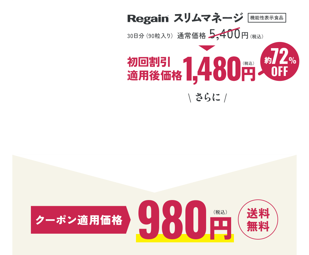 Regain スリムマネージ 機能性表示食品 30日分（90粒入り）通常価格 5,400円（税込）初回割引 適用後価格1,480円（税込）約72%OFF \ さらに / クーポン適用価格 980円（税込） 送料無料