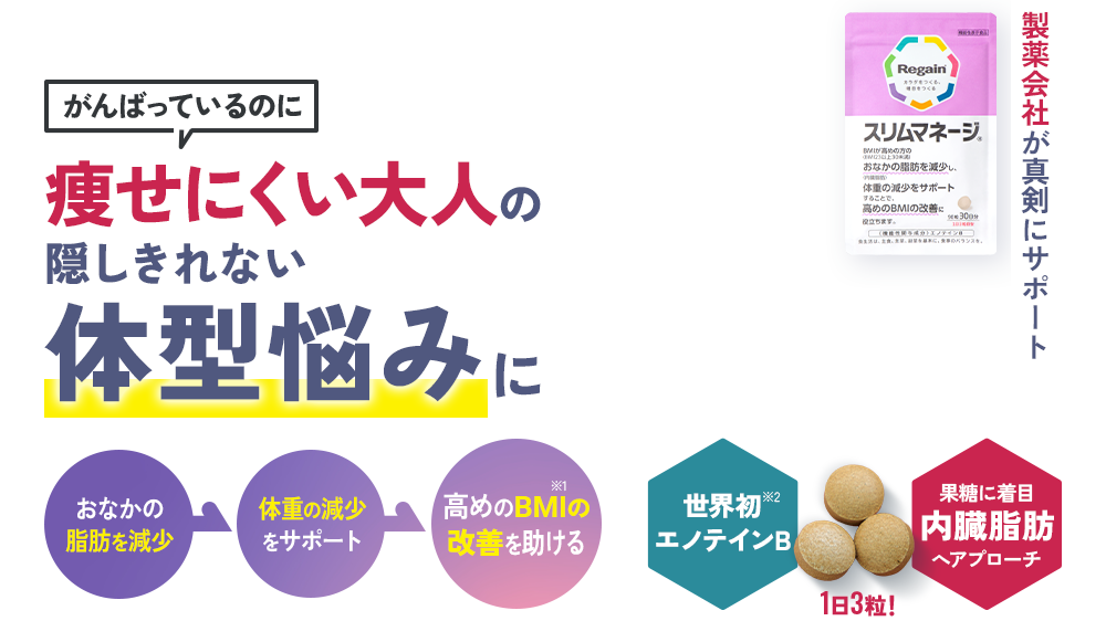 がんばっているのに 痩せにくい大人の隠しきれない体型悩みに おなかの 脂肪を減少 体重の減少 をサポート 高めのBMI※1の 改善を助ける 世界初※2エノテインB 1日3粒！ 果糖に着目内臓脂肪へアプローチ 製薬会社が真剣にサポート