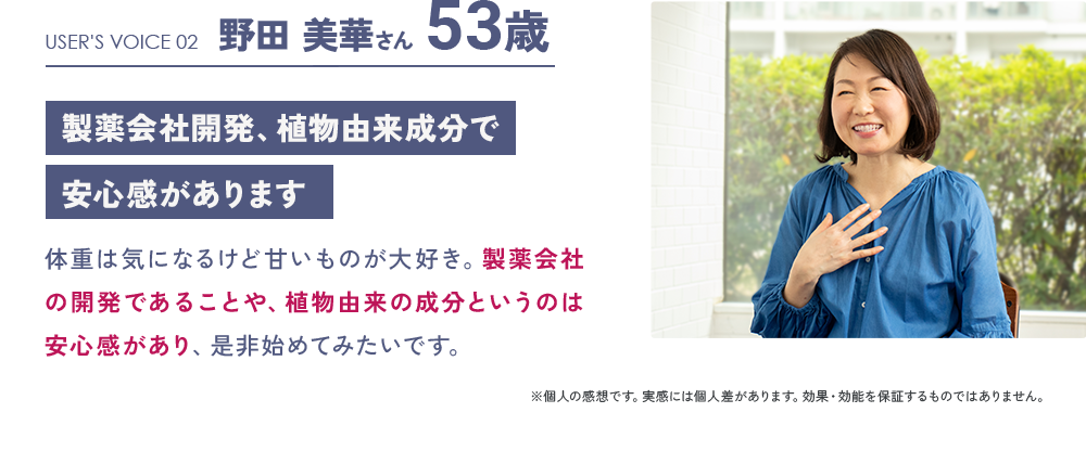 USER'S VOICE 02 野田 美華さん 53歳「製薬会社開発、植物由来成分で安心感があります」：体重は気になるけど甘いものが大好き。製薬会社の開発であることや、植物由来の成分というのは安心感があり、是非始めてみたいです。／※個人の感想です。実感には個人差があります。効果・効能を保証するものではありません。