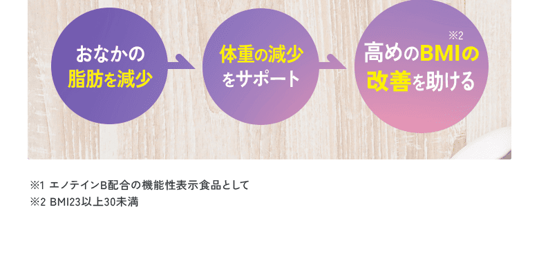 おなかの脂肪を減少 体重の減少をサポート 高めのBMI※2の改善を助ける/※1 エノテインB配合の機能性表示食品として ※2 BMI23以上30未満