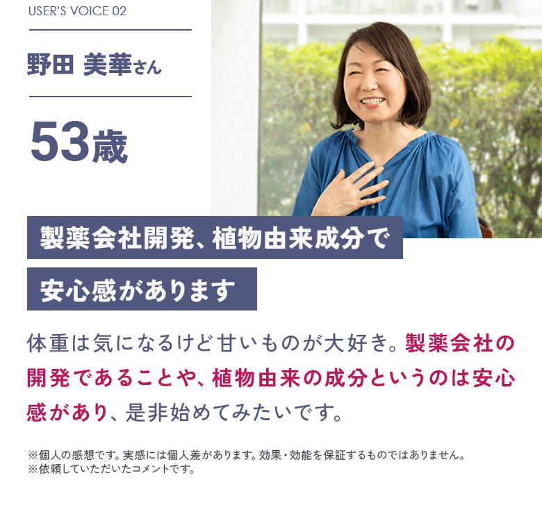 USER'S VOICE 02 野田 美華さん 53歳「製薬会社開発、植物由来成分で安心感があります」:体重は気になるけど甘いものが大好き。製薬会社の開発であることや、植物由来の成分というのは安心感があり、是非始めてみたいです。/※個人の感想です。実感には個人差があります。効果・効能を保証するものではありません。 ※依頼していただいたコメントです。