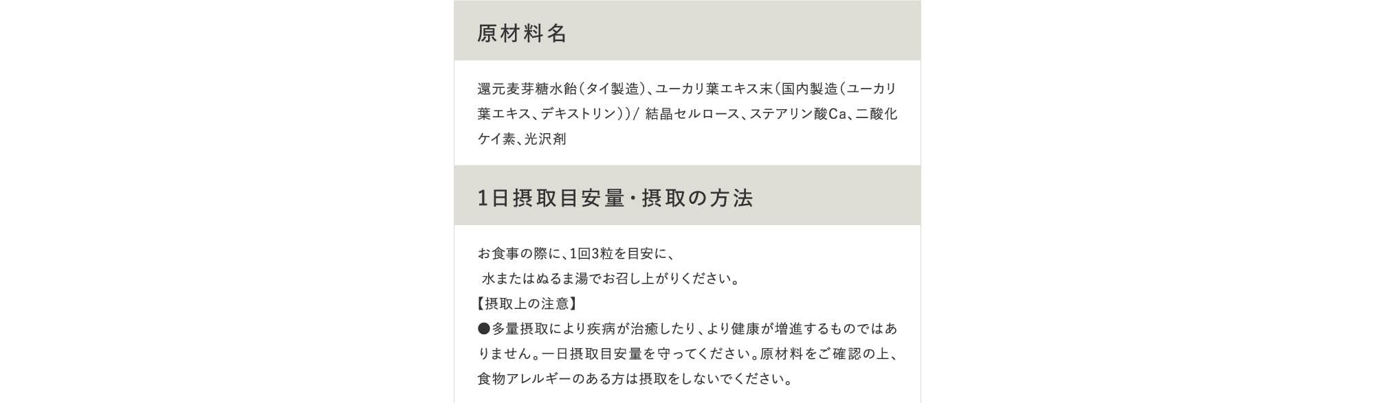 原材料名 1日摂取目安量・摂取の方法