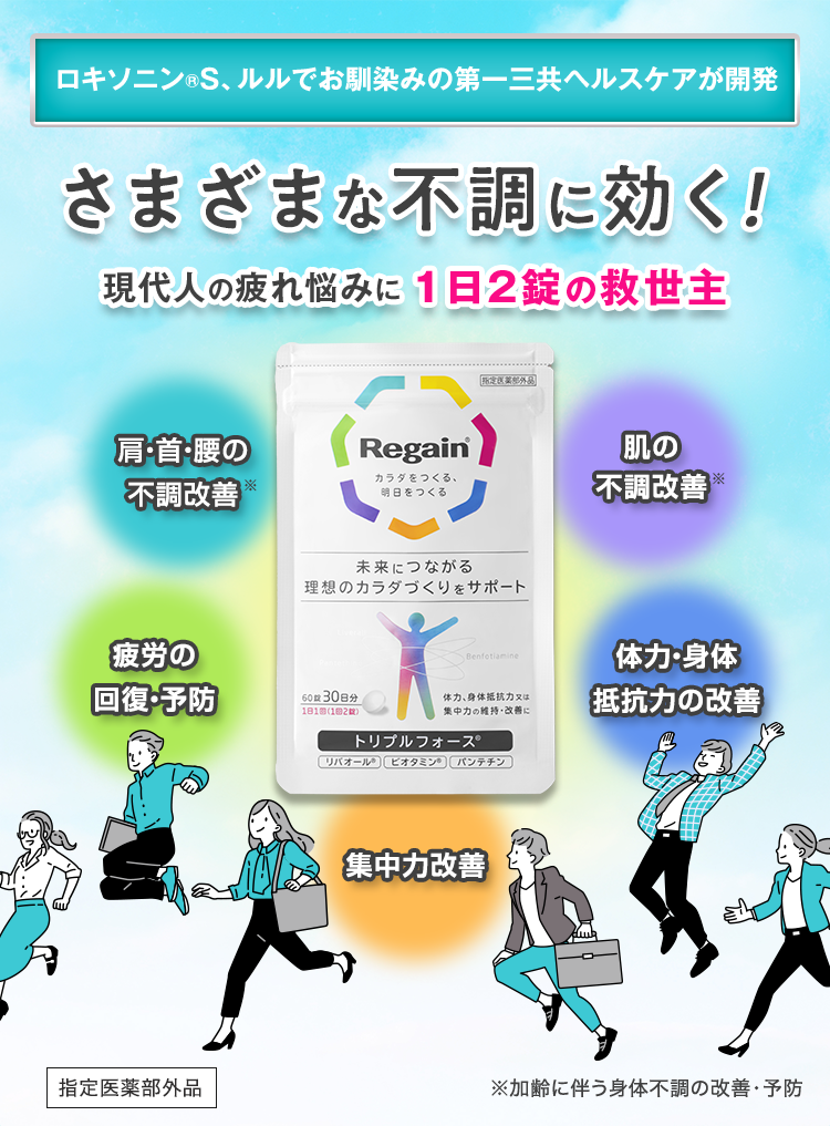 「ロキソニン®S、ルルでお馴染みの第一三共ヘルスケアが開発」さまざまな不調に効く！現代人の疲れ悩みに1日2錠の救世主「肩・首・腰の 不調改善※」「肌の不調改善※」「疲労の回復・予防」「体力・身体抵抗力の改善」指定医薬部外品※加齢に伴う身体不調の改善・予防