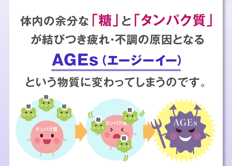 体内の余分な「糖」と「タンパク質」が結びつき疲れ・不調の原因となるAGEs（エージーイー）という物質に変わってしまうのです。