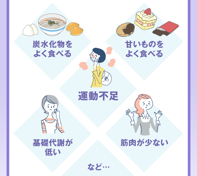 「炭水化物をよく食べる」「甘いものをよく食べる」「運動不足」「基礎代謝が低い」「筋肉が少ない」「など…」
