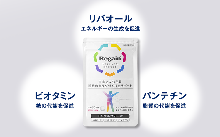 「リバオール」エネルギーの生成を促進「ビオタミン」糖の代謝を促進「パンテチン」脂質の代謝を促進