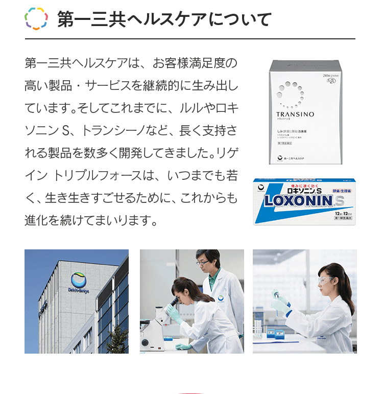 第一三共ヘルスケアについて第一三共ヘルスケアは、お客様満足度の高い製品・サービスを継続的に生み出しています。そしてこれまでに、ルルやロキソニンS、トランシーノなど、長く支持される製品を数多く開発してきました。リゲイン トリプルフォースは、いつまでも若く、生き生きすごせるために、これからも進化を続けてまいります。