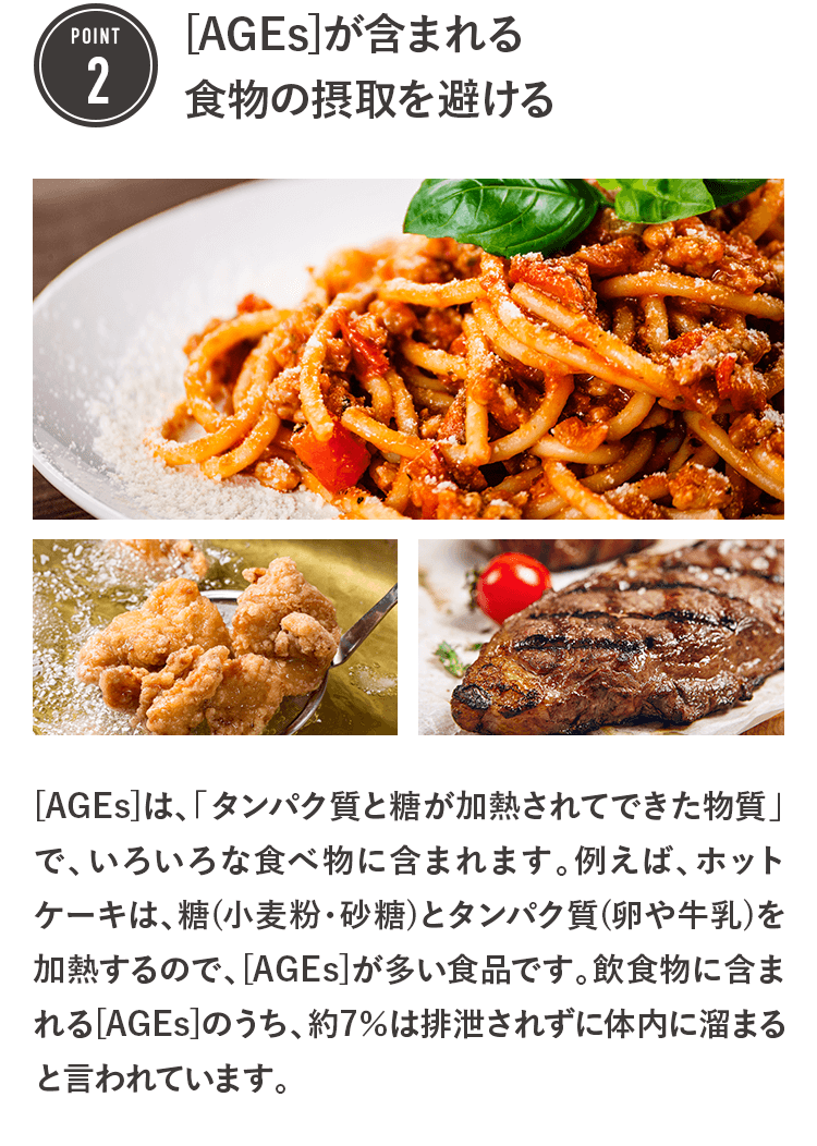 POINT2 [AGEs]が含まれる 食物の摂取を避ける [AGEs]は、「タンパク質と糖が加熱されてできた物質」で、いろいろな食べ物に含まれます。例えば、ホットケーキは、糖(小麦粉・砂糖)とタンパク質(卵や牛乳)を加熱するので、[AGEs]が多い食品です。飲食物に含まれる[AGEs]のうち、約7％は排泄されずに体内に溜まると言われています。