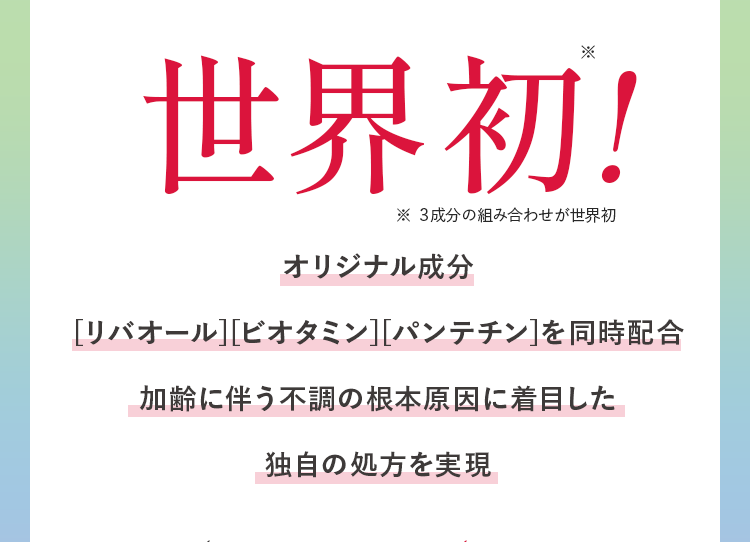 世界初! ※3成分の組み合わせが世界初 オリジナル成分[リバオール][ビオタミン][パンテチン]を同時配合加齢に伴う不調の根本原因に着目した独自の処方を実現
