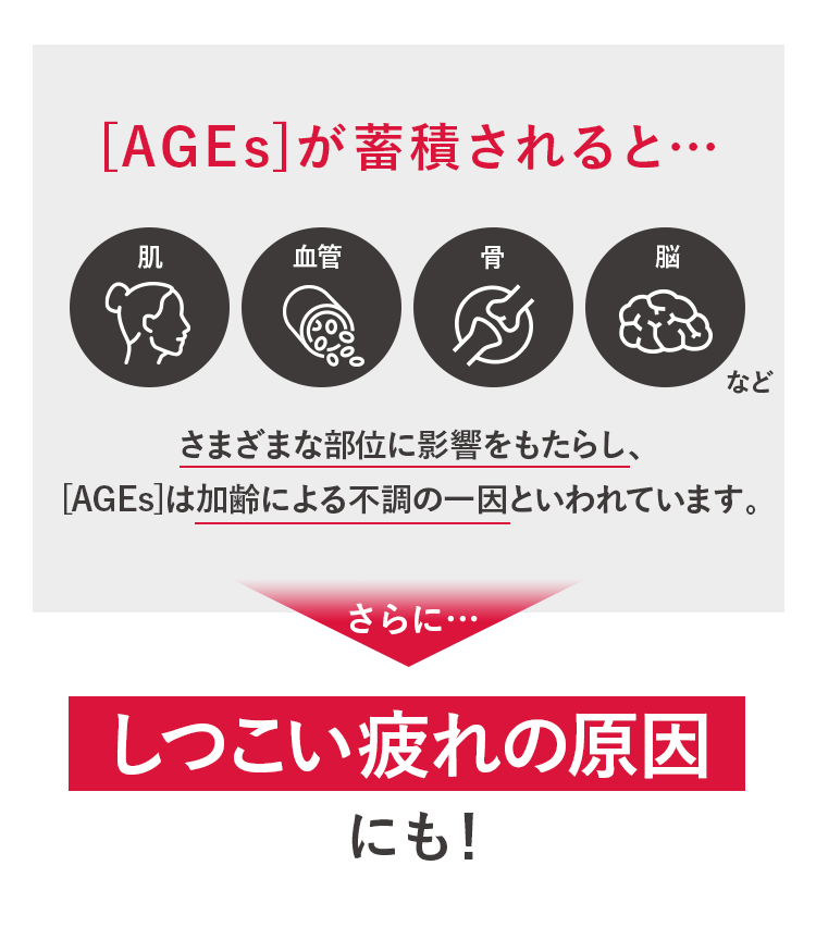 [AGEs]が蓄積されると…  さまざまな部位に影響をもたらし、 [AGEs]は加齢による不調の一因といわれています。 さらに… しつこい疲れの原因にも！