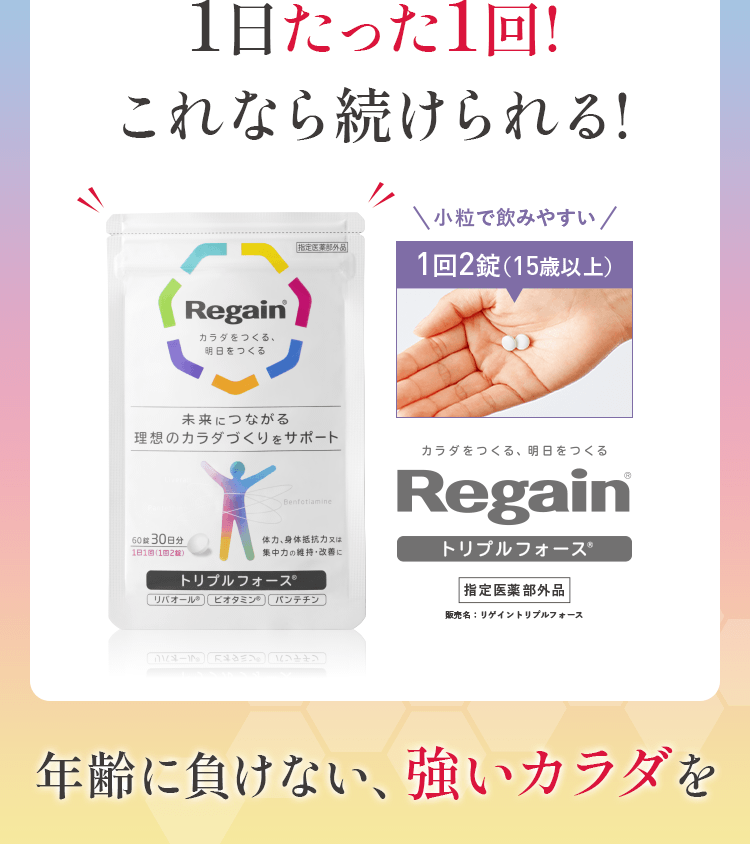 1日経った1回!これなら続けられる! 小粒で飲みやすい1回2錠（15歳以上） Regainトリプルフォース 年齢に負けない強いカラダを